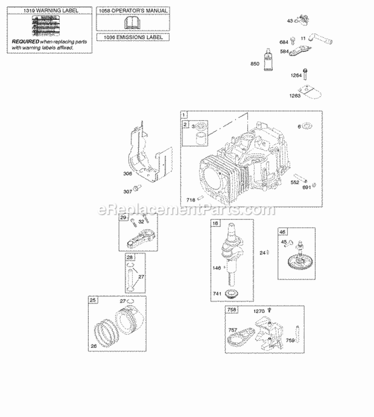 Camshaft Crankshaft Cylinder OperatorS Manual Piston Rings Connecting Rod Warning Label Diagram and Parts List for 31A807-0905-G5  Briggs and Stratton Engine